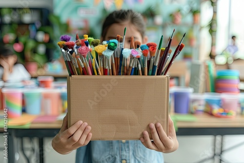 A Child's Colorful Art Supplies in a Cardboard Box