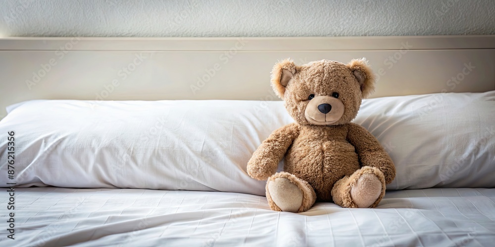 Teddy bear sitting on a neatly made bed , plush, stuffed animal, bedroom, cozy, fluffy, cute, comfort, cuddly, decoration, toy Teddy bear sitting on a neatly made bed , plush, stuffed animal, bedroom, cozy, fluffy, cute, comfort, cuddly, decoration, toy