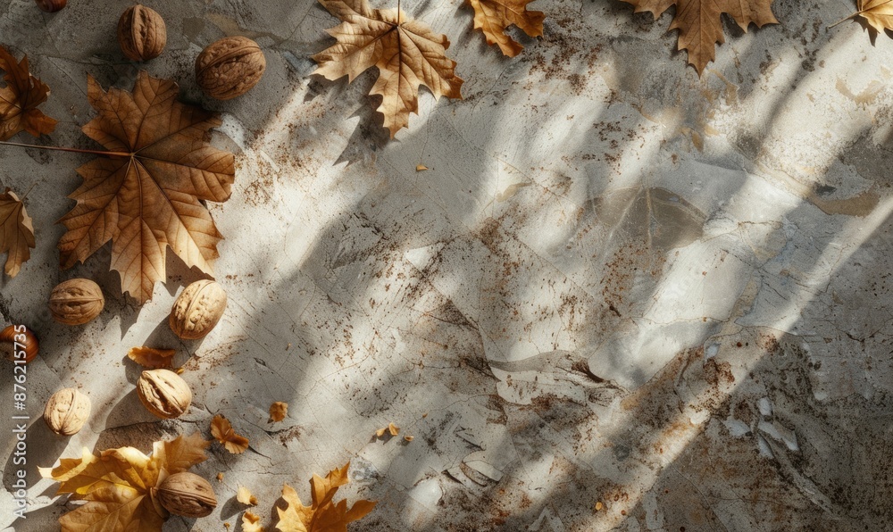 Top view of a rustic wooden countertop, frame of autumn leaves and nuts Top view of a rustic wooden countertop, frame of autumn leaves and nuts
