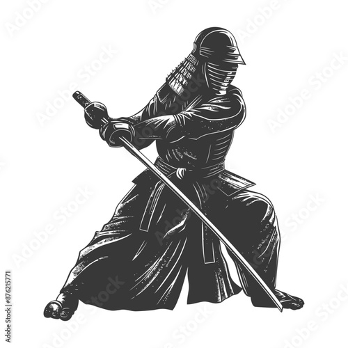 Illustration of a samurai warrior in traditional armor and helmet, ready to strike with a sword.