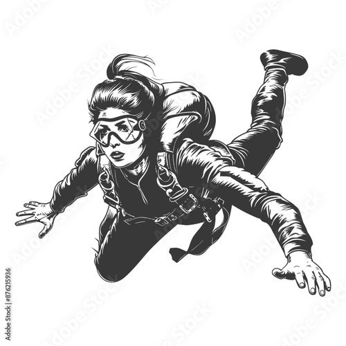 Black and white illustration of a female skydiver in mid-air
