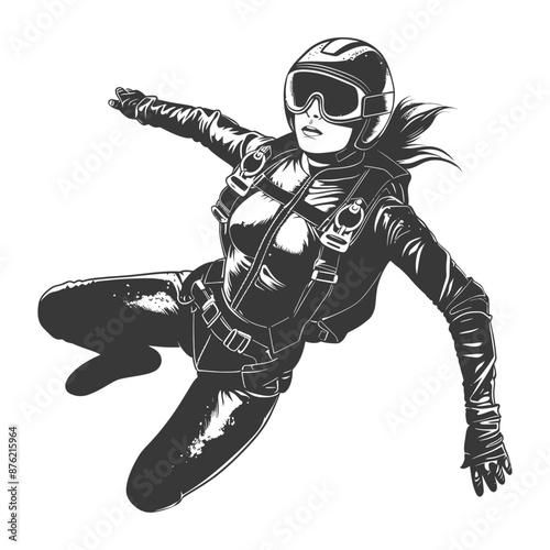 Black and white illustration of a female skydiver in a helmet free falling through the air