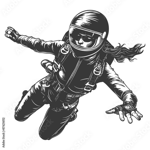 Black and white illustration of a female skydiver in a helmet free falling through the air