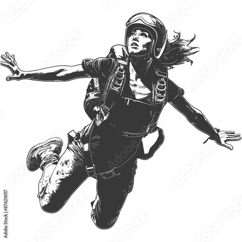 Skydiving woman with helmet and parachute free falling through the air