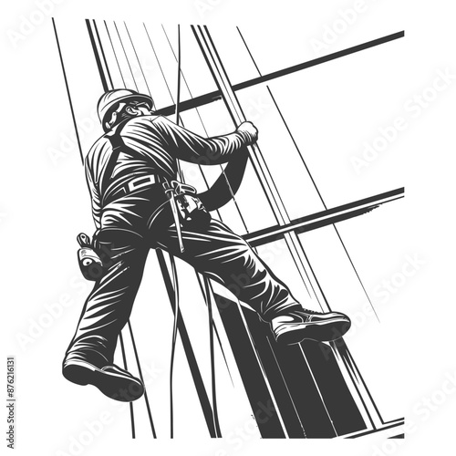 Industrious high-rise window cleaner scaling a skyscraper with safety gear