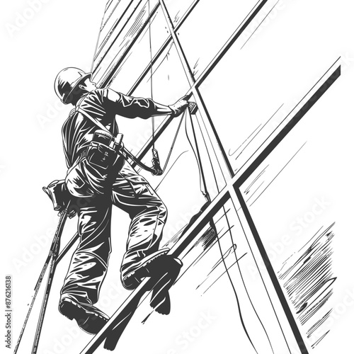 Window washer scales a skyscraper with safety gear.