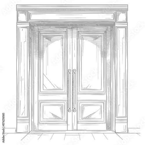Detailed Sketch of a Grand Double Door with Glass Panels