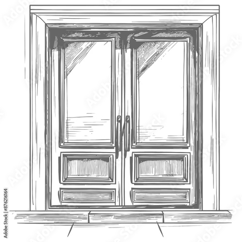 Detailed Sketch of a Wooden Double Door with Glass Panels