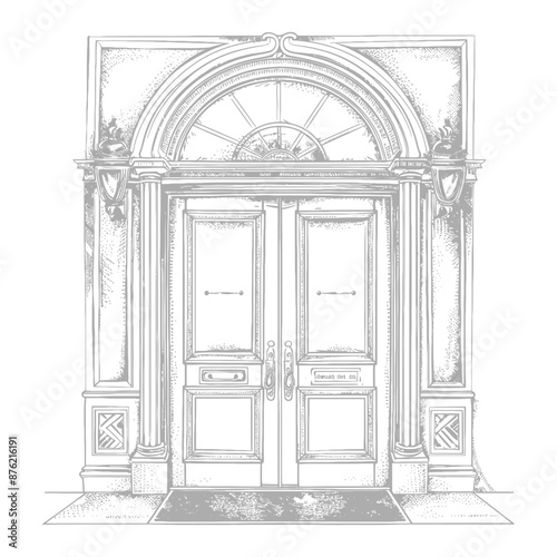 Detailed drawing of a grand double door with ornate columns and a fanlight