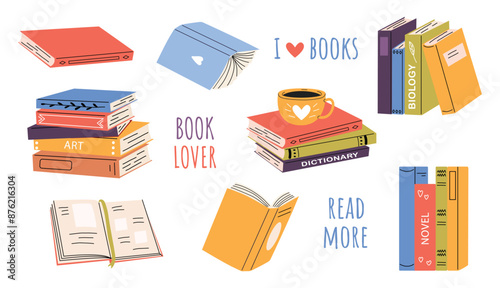 Large set with open and closed textbooks, stacks of books in different positions. Concept for World Book and Copyright Day, Book lovers day. White isolated background.