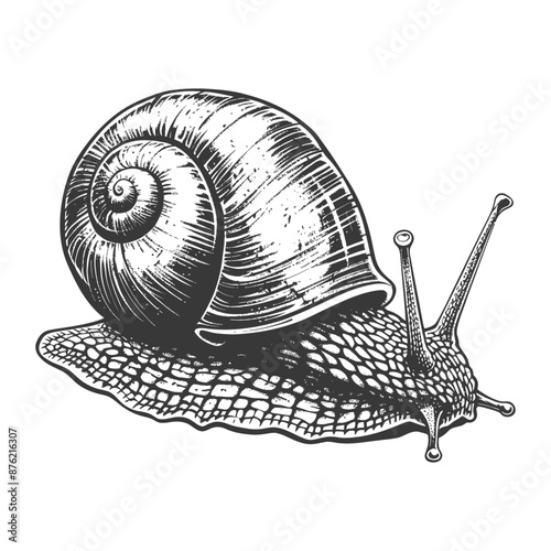 Detailed black and white snail line art drawing