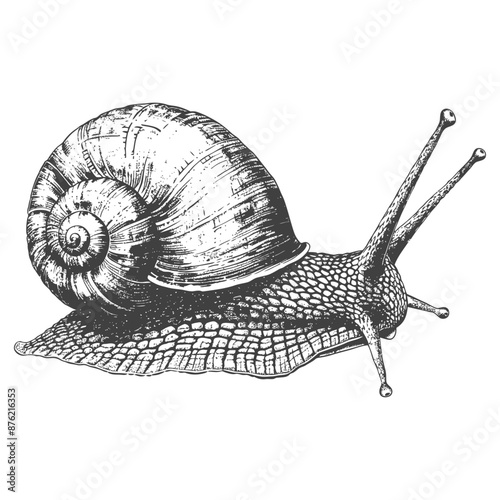Detailed black and white line drawing of a snail with a spiral shell
