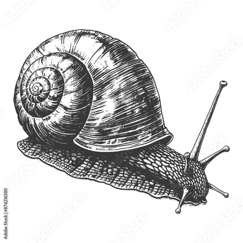 Detailed black and white line drawing of a snail