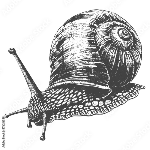 Detailed black and white illustration of a snail with its shell