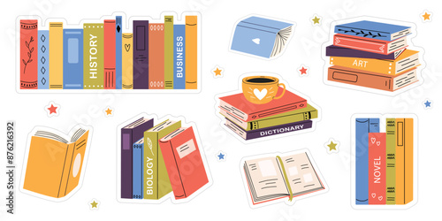 Set of stickers with books and reading. Cute different books, stacks of books, notebooks. Hand drawn educational vector illustration. White isolated background.