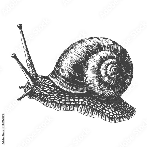 Detailed black and white line drawing of a snail