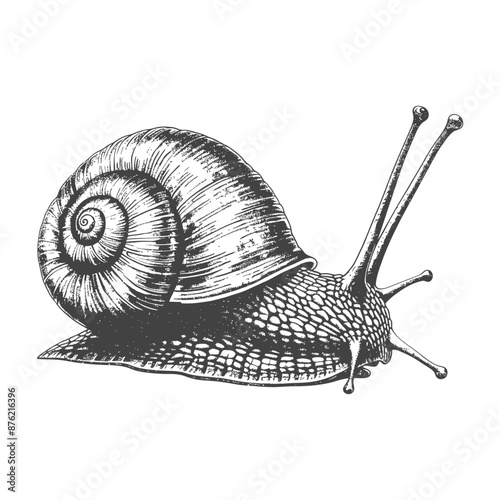 Detailed black and white line drawing of a snail with a spiral shell