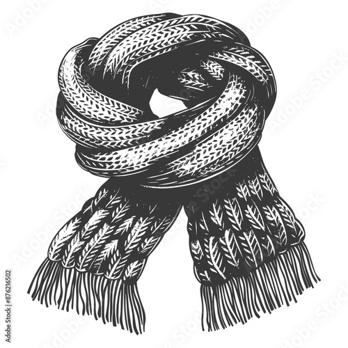 Black and white detailed drawing of a hand-knitted wool scarf with tassels