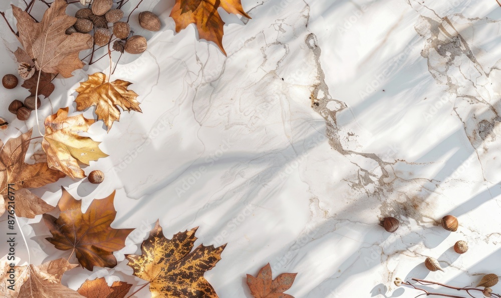 Top view of a white laminate countertop, wreath of leaves and corn Top view of a white laminate countertop, wreath of leaves and corn