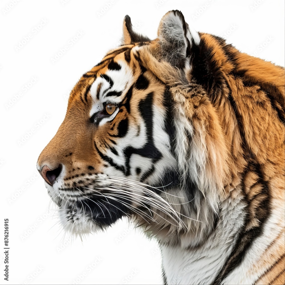 Obraz premium Close-up portrait of a majestic Siberian tiger in profile, showcasing its piercing yellow eyes and unique facial markings.