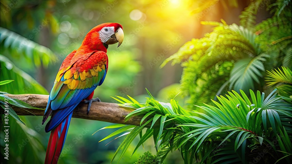 Parrot perched gracefully on a lush green branch in the jungle , parrot, bird, tropical, wildlife, colorful, feathers, exotic Parrot perched gracefully on a lush green branch in the jungle , parrot, bird, tropical, wildlife, colorful, feathers, exotic