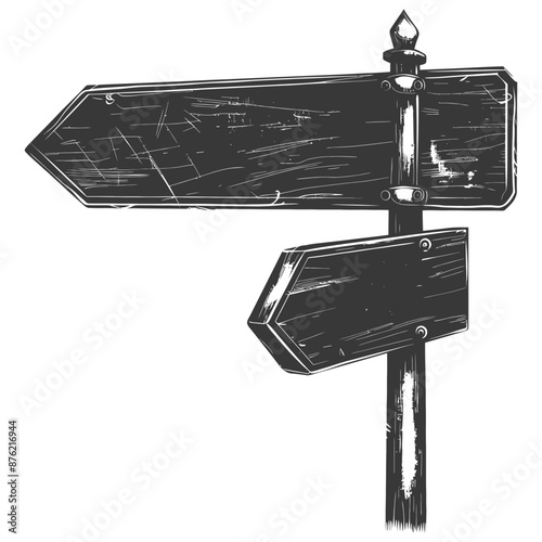 Weathered Wooden Signpost: Blank Arrows, Vintage Sketch Illustration
