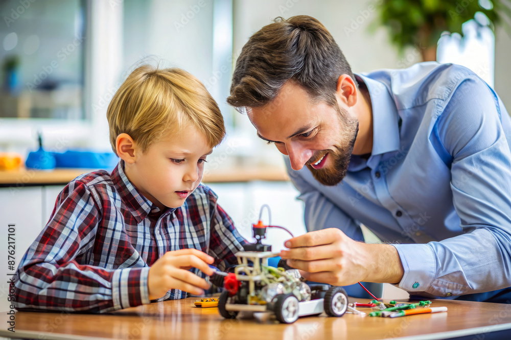 Robotics class. A boy and his teacher are building a robot car. Robotics class. A boy and his teacher are building a robot car.