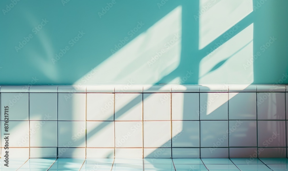 Fototapeta premium Top view of a white tile countertop, pastel background