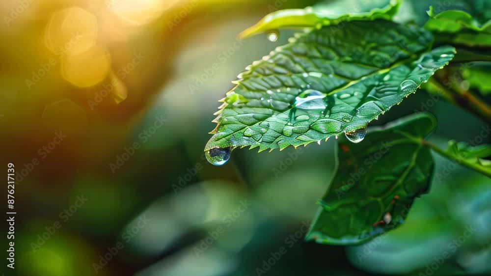 Close-up of dew drops on green leaf with blurred sunlight in background Close-up of dew drops on green leaf with blurred sunlight in background