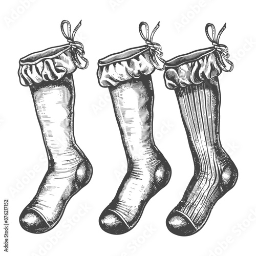 Vintage Hand-Drawn Ribbed & Plain Stockings with Ruffles & Bows