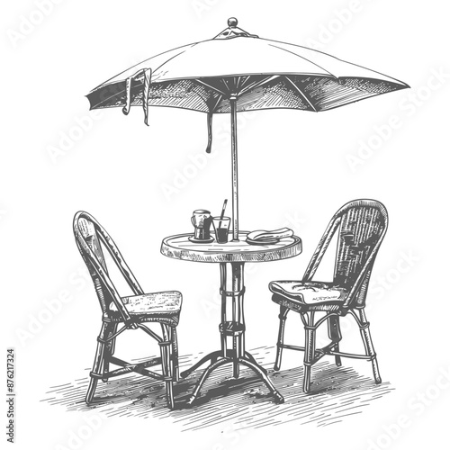 Hand-Drawn Sketch: Parisian Bistro Table, Umbrella, and Rattan Chairs