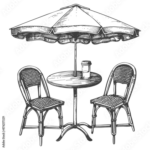 Hand-Drawn Bistro Set: Parisian Cafe Umbrella, Wicker Chairs, & Coffee