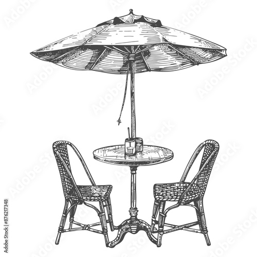 Hand-Drawn Sketch: Parisian Cafe Table with Wicker Chairs and Parasol