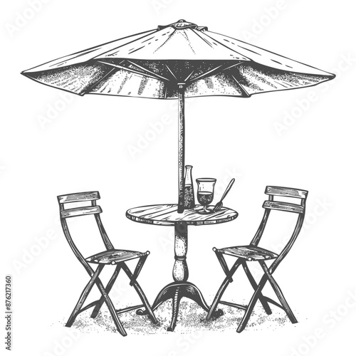 Hand-Drawn Sketch: Romantic Outdoor Bistro Table with Parasol and Folding Chairs