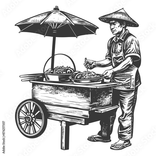 Hand-Drawn Asian Street Food Vendor with Cart and Parasol