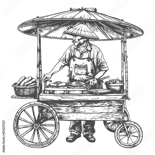 Hand-Drawn Illustration: Asian Street Food Vendor with Cart & Conical Hat