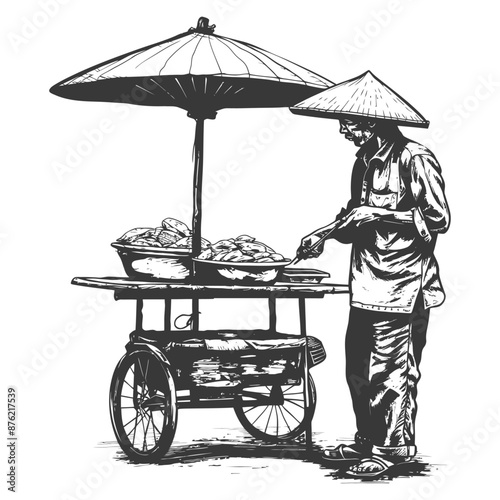 Hand-Drawn Illustration: Asian Street Food Vendor with Conical Hat and Cart