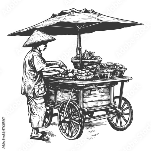 Hand-drawn illustration: Asian street vendor with fruit cart and parasol