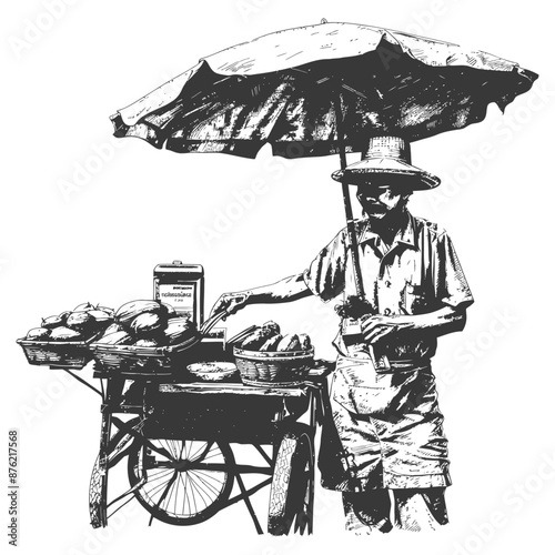 Hand-drawn illustration: Street Vendor with Produce Cart and Parasol