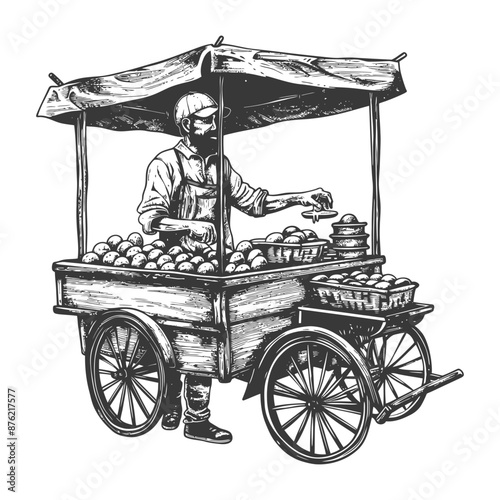 Hand-Drawn Vintage Illustration: Fruit Vendor with Cart and Canopy