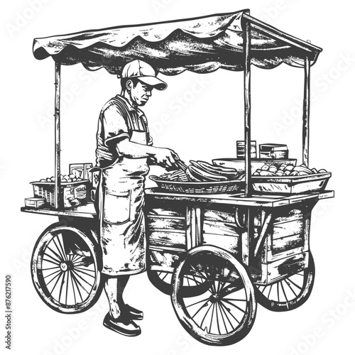 Hand-Drawn Sketch: Street Vendor at Wooden Cart Selling Produce