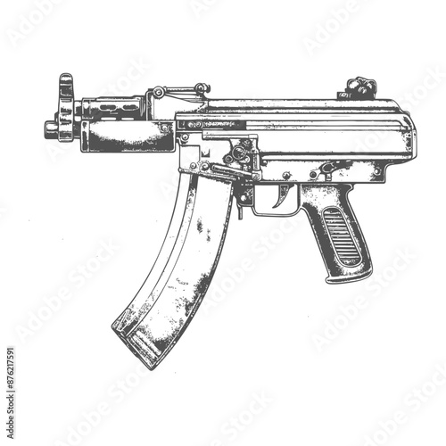 Grizzled Submachine Gun:  Detailed Monochrome Illustration