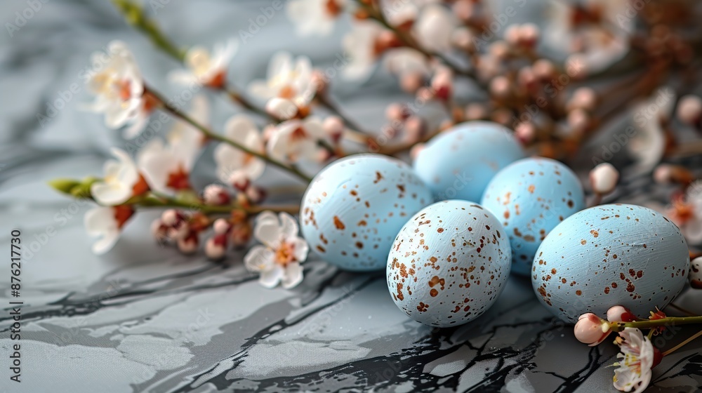 Fototapeta premium vertical easter background top view blue painted eggs on marble table.photo