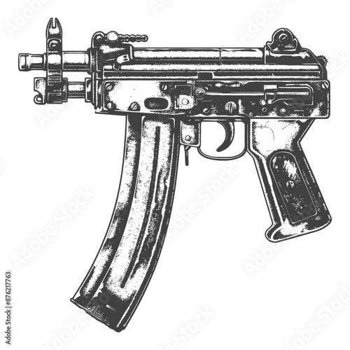 Intricate Line Art:  Detailed Vintage Submachine Gun Illustration