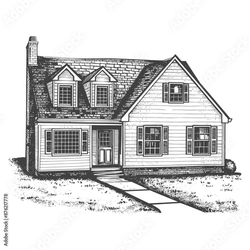 Hand-Drawn Suburban Ranch House with Dormer Windows and Walkway