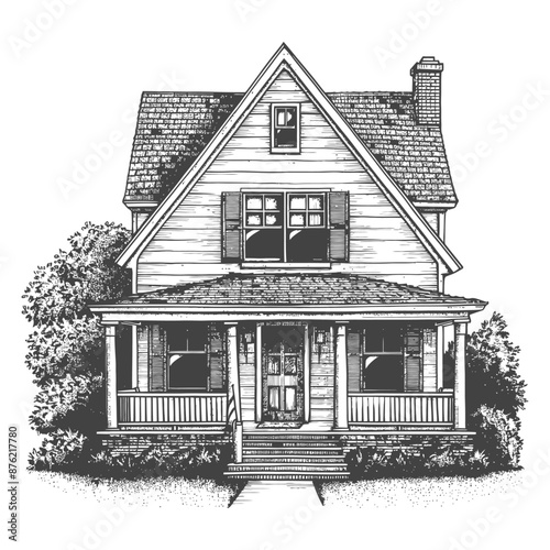 Hand-Drawn Vintage Cottage with Wrap-Around Porch and Lush Landscaping
