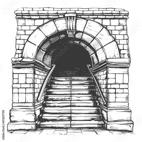 Stone Archway Entrance with Double Staircase: Hand-Drawn Engraving Illustration