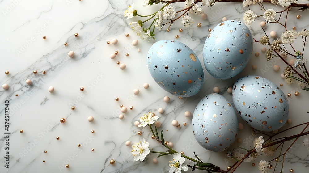 happy easter concept flat lay composition,painted blue,silver easter eggs,flowers on marble background top view copy space.stock photo happy easter concept flat lay composition,painted blue,silver easter eggs,flowers on marble background top view copy space.stock photo