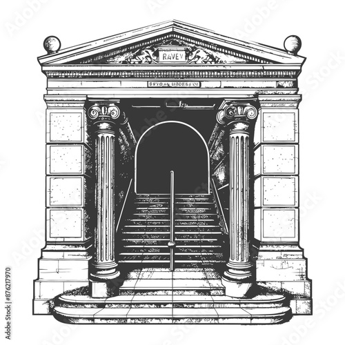 Neoclassical Entrance: Engraved Architectural Illustration of Grand Staircase and Portal