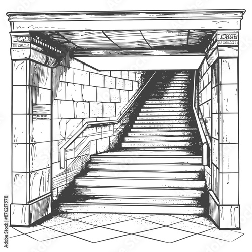 Hand-Drawn Sketch: Grand Stone Staircase Leading Underground